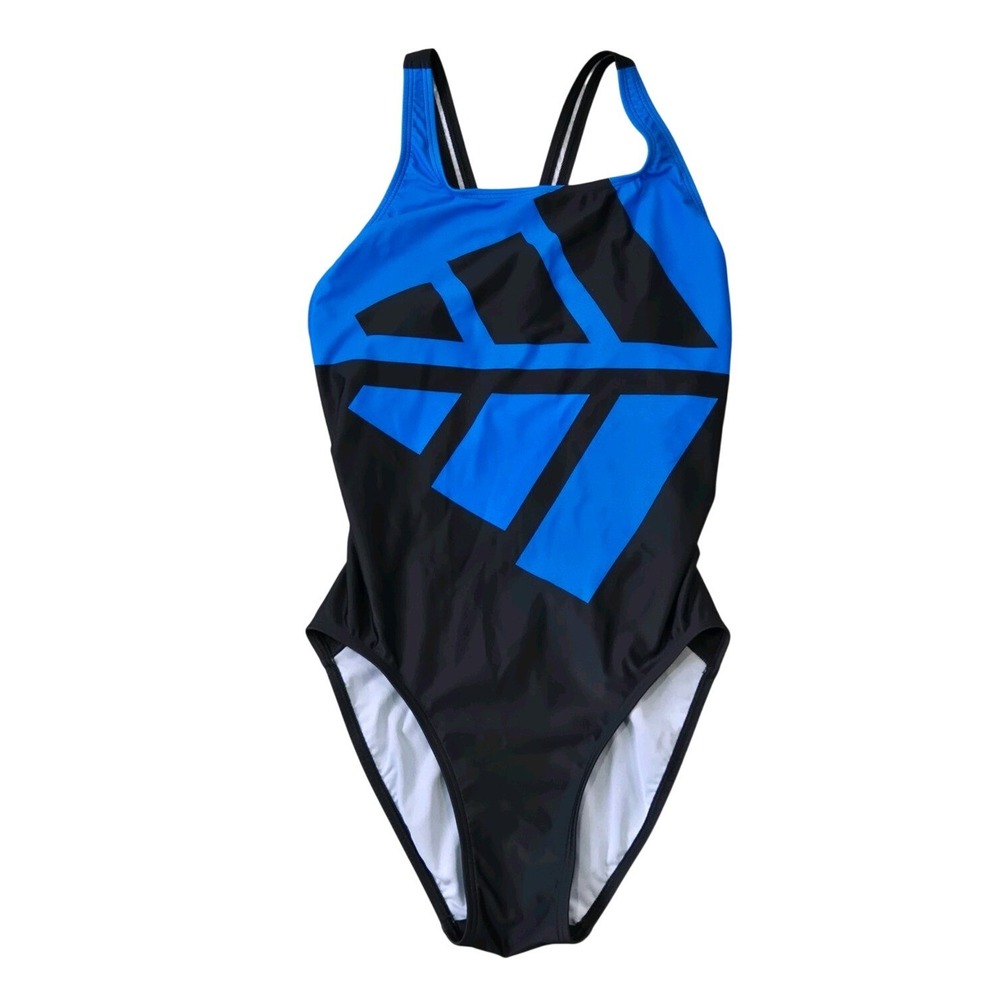 Adidas Women's One Piece Swimsuit Black Blue Racerback Geometric US 4 Athletic